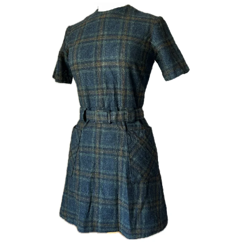 New Markdowns Tartan plaid wool vintage 1960s belted mini dress